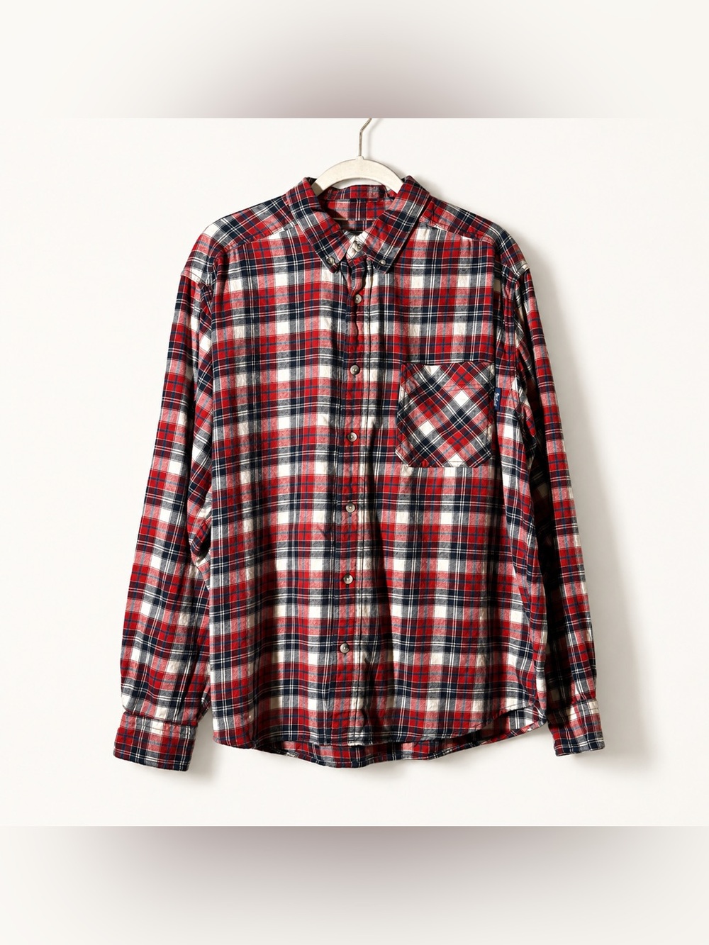 Woolrich Mens XL Flannel Shirt Red Navy Plaid 100% Cotton Button Front Casual